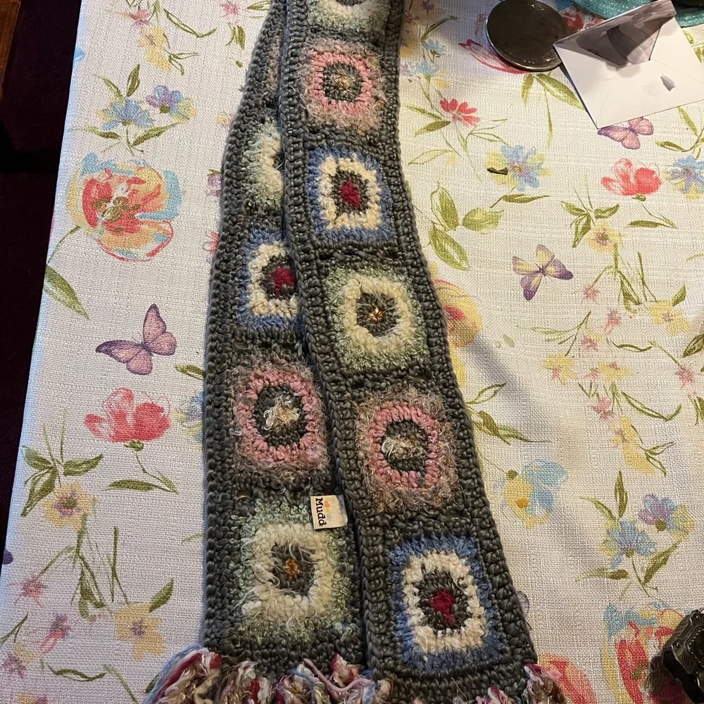 Mudd Colorful Crochet Scarf with Fringe - Picture 2 of 3